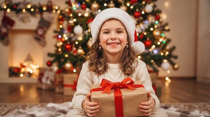 Fototapeta premium A happy little girl wearing a santa hat holding a christmas gift in front of a decorated tree