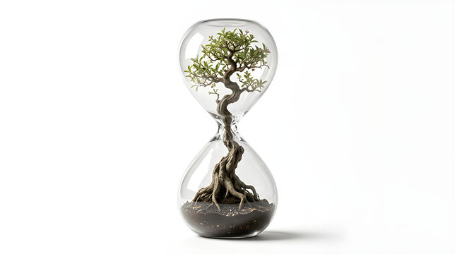 Miniature bonsai tree growing inside a transparent glass hourglass with rich soil and roots, symbolizing time management, life cycle, patience, nature preservation and environmental growth on white
