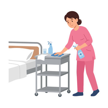 Professional Healthcare Worker Cleaning and Sanitizing Hospital Bedside Furniture for Patient Safety