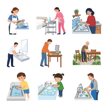 Diverse People Engaged in Daily Household Chores and Hygiene Activities Set