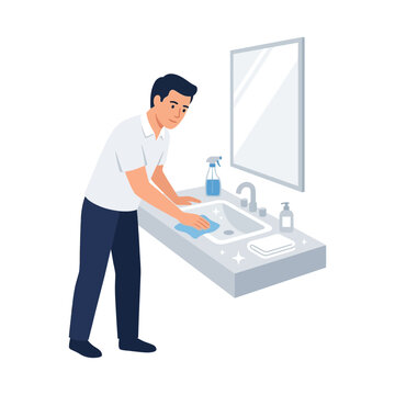 Man Cleaning Bathroom Sink with Cleaning Cloth and Spray Bottle Illustration