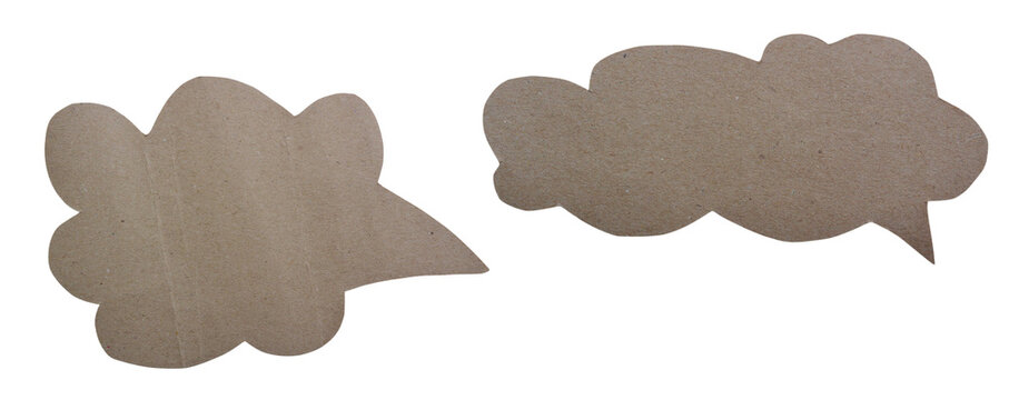 Two brown kraft paper speech bubbles on a transparent background