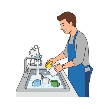 Young man wearing an apron washing dirty mugs in the kitchen sink with soap bubbles