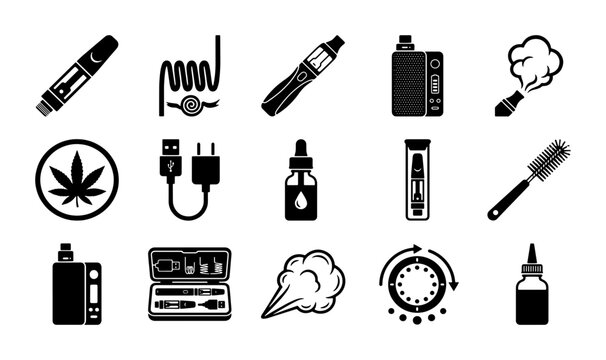 Vaping and electronic cigarette icons, 15 black vector symbols for vape shop branding, e-liquid and smoking accessories collection