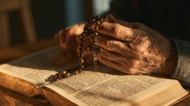 An elderly person holds a rosary with a crucifix while reading an open Bible, symbolizing faith and devotion.