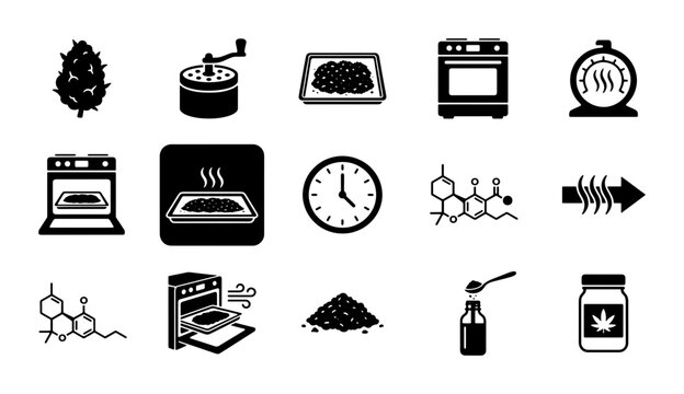 Cannabis decarboxylation icon set, 15 black vector symbols for marijuana processing, weed cooking and extraction icons