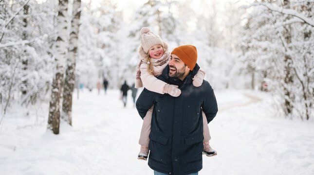 A happy father giving his little daughter a piggyback ride through a beautiful snowy forest in winter