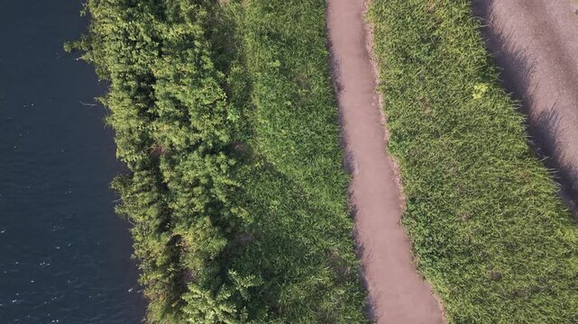山間を流れる川と緑豊かな森林の空撮