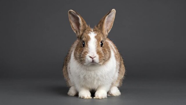 Cute brown and white rabbit sitting on a solid gray background looking at camera.