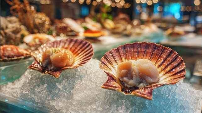 Fresh scallops served on half shells atop crushed ice, displayed in a seafood market or restaurant setting with ambient lighting.