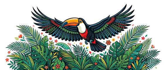 Obraz premium Colorful toucan bird flying over lush tropical foliage