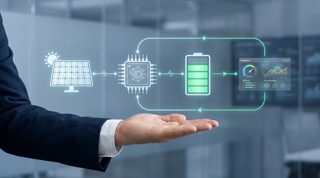 Smart renewable energy management concept with solar panel and artificial intelligence chip optimizing battery storage efficiency
