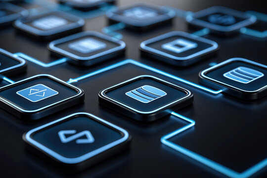 Glowing process flow diagram with coding icon and database network on dark surface