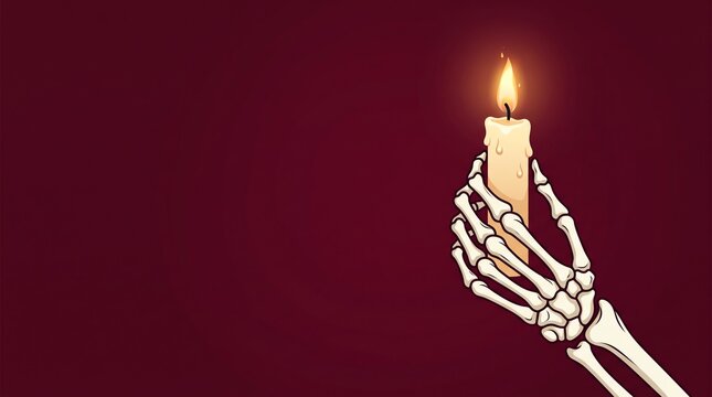 skeleton hand holding burning candle on dark burgundy copy space vector illustration