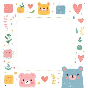 Adorable Pastel Bear Vector Frame with Playful Hearts and Clean Text Space