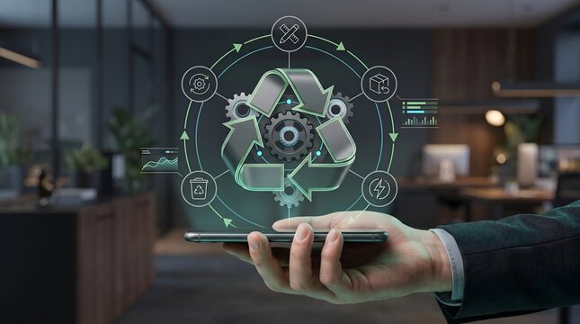 Circular economy concept with metallic recycling symbol and gears holographic projection on smartphone for sustainable industrial business