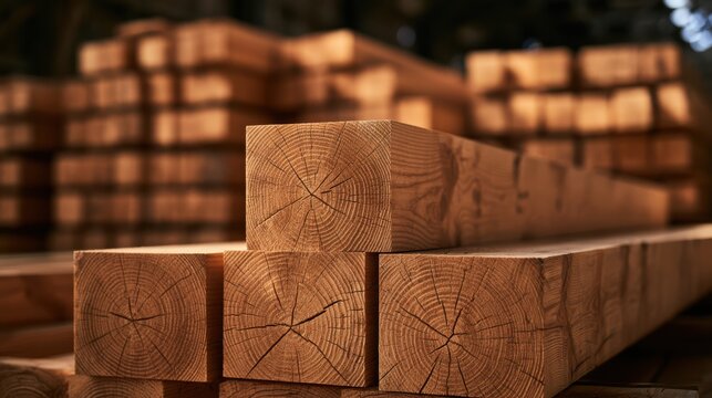 Stacked wooden beams with visible growth rings in a lumberyard, highlighting natural wood texture and grain details.