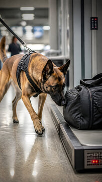 A K-9 police dog sniffing on a bad generated by AI