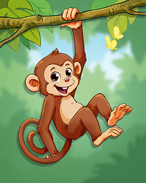 Smiling cartoon monkey hanging from a branch in nature
