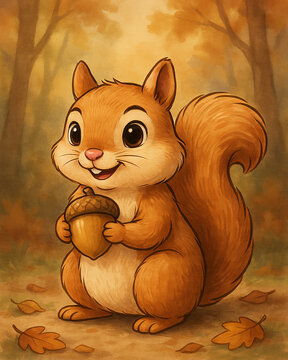 Cute cartoon squirrel holding an acorn