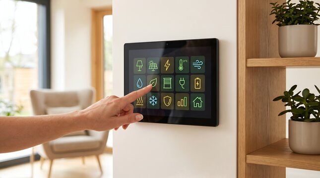 Smart home automation control panel with energy management and security system interface being operated by user in modern residential interior