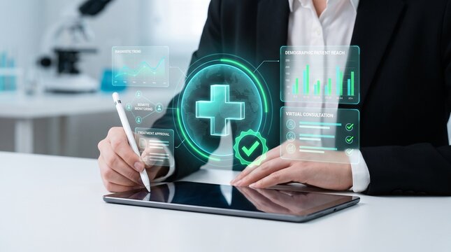 digital health management and medical intelligence concept showing healthcare professional reviewing patient demographics, treatment approval, and clinical performance data
