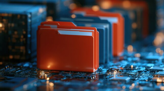 Digital red file folders on a circuit board symbolize data storage and organization in a high-tech environment.
