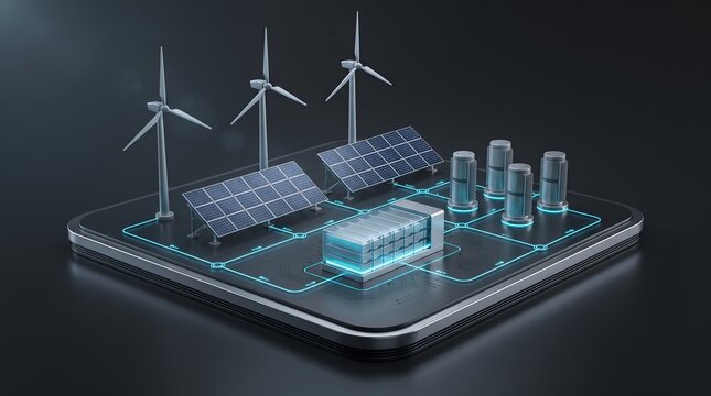 Microgrid renewable energy concept on digital platform featuring wind turbines and solar panels for decentralized clean power