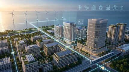 Fototapeta premium Smart city infrastructure grid with offshore wind turbines representing sustainable urban planning and renewable energy distribution