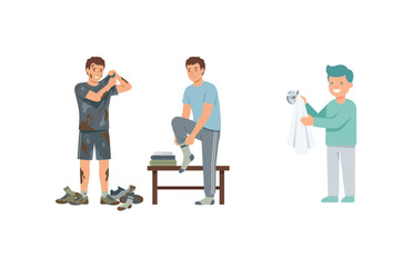 Fototapeta premium Man Changing Clothes From Muddy Workout Gear into Clean Fresh Daily Apparel