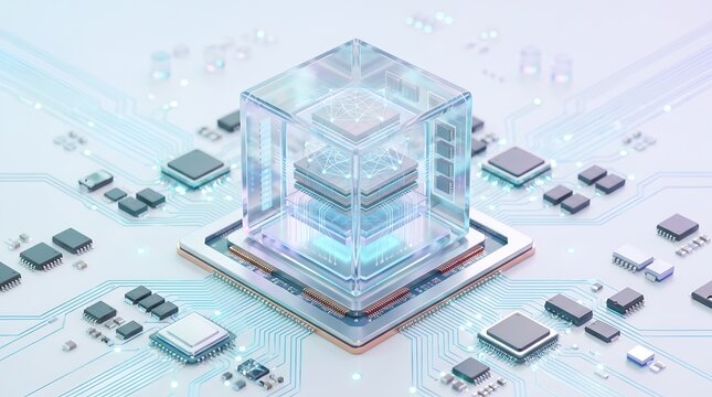 Advanced quantum computing processor concept featuring glowing artificial intelligence network nodes inside transparent microchip on motherboard