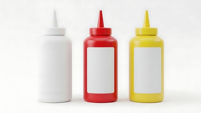Three condiment bottles with blank labels on a white background