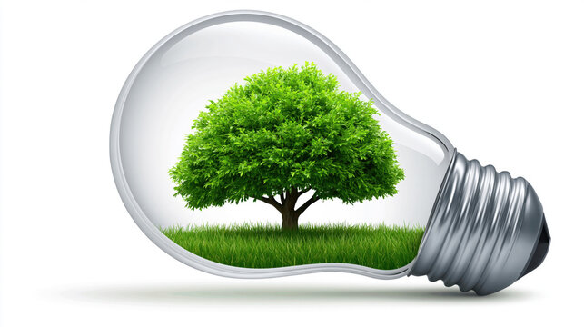 Green tree in light bulb on grass, eco concept with clear glass and green energy symbol, isolated on white background