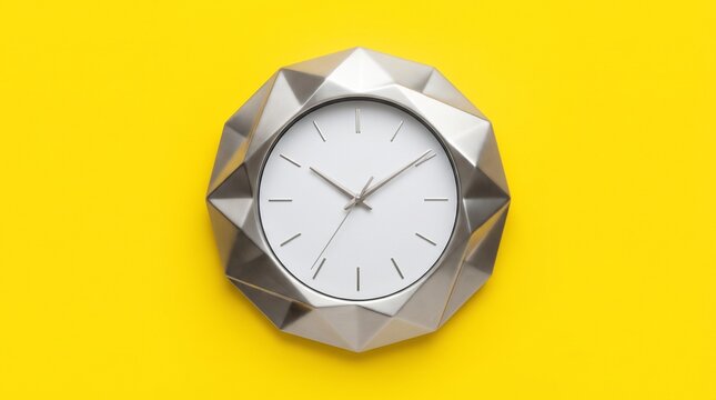Modern geometric wall clock with minimalist design on yellow background