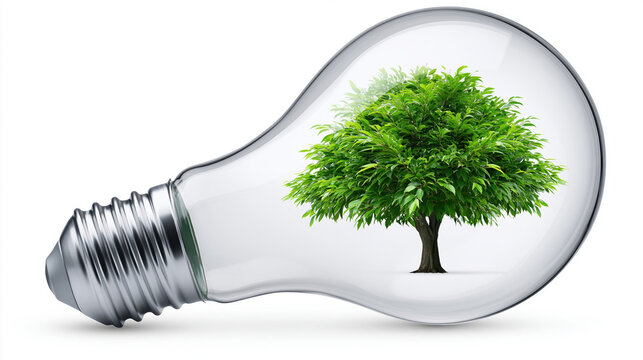 Light bulb tree green environment concept renewable energy isolated white background eco idea sustainability nature conservation ecology clean power