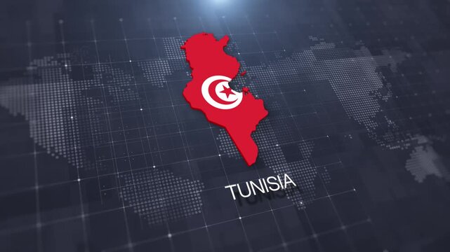 Tunisia map with national flag on digital world map background, geographic border, global political and international news concept