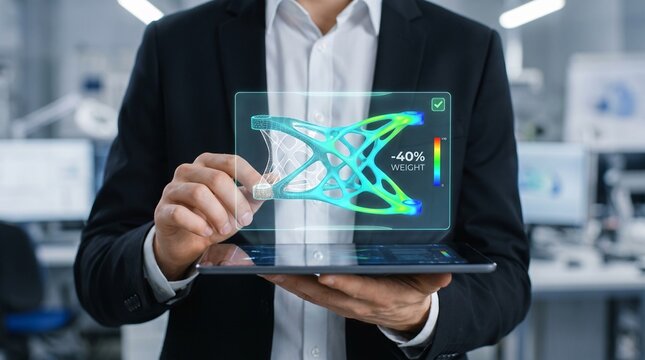 Product design and engineering optimization concept showing businessman analyzing a lightweight 3d structure on a digital tablet with performance metrics and visual model dashboard