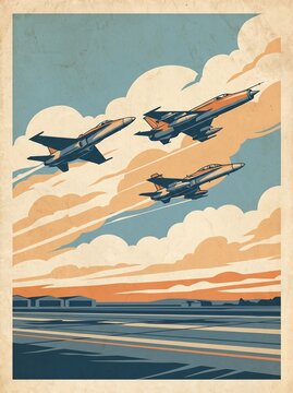 Vintage Fighter Jet Squadron Over Airfield