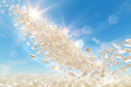 Long grain rice flying in a sweeping arc, translucent and polished kernels floating against a bright blue sky for food packaging and banners