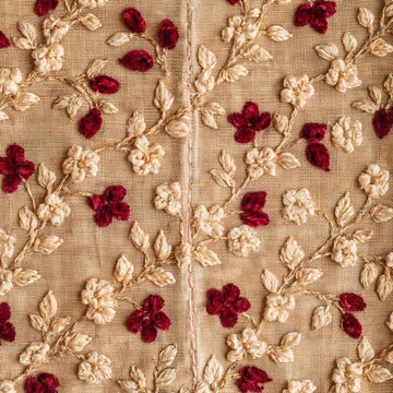 Embroidered velvet scroll mantle with a red and beige floral vine pattern, featuring a weathered tactile texture for holiday packaging and cover design