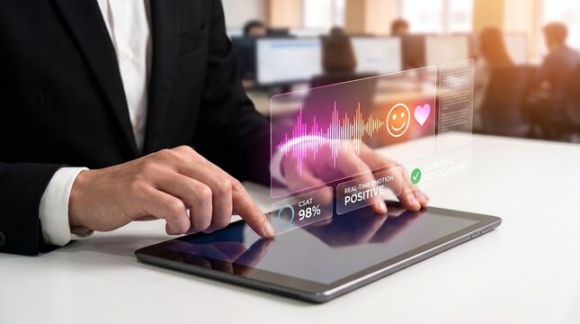 customer sentiment analysis and service quality concept showing professional reviewing voice data, verified responses, and customer satisfaction metrics on digital tablet