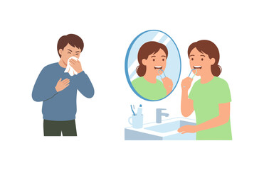 Fototapeta premium Illustration of a Person Sneezing due to Illness and a Woman Brushing Her Teeth in a Bathroom