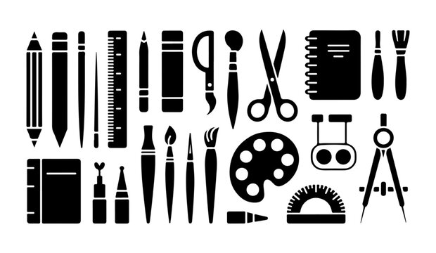 Back to school supplies icon set featuring rulers compasses notebooks pencils and artistic tools for education.