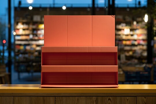 Blank tiered cardboard counter display with a terracotta header on a wooden surface, featuring a retro mood for retail mockup and packaging presentation