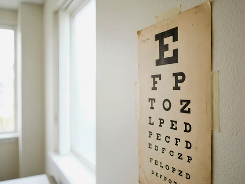 Vintage eye chart on a white office wall for vision testing