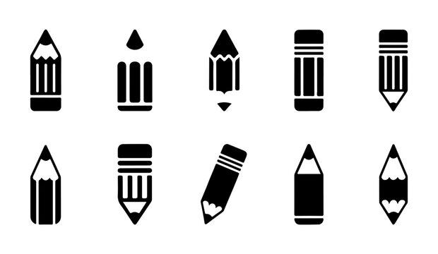 Creative pencil icon collection featuring diverse drawing tool silhouettes for artistic graphic projects.