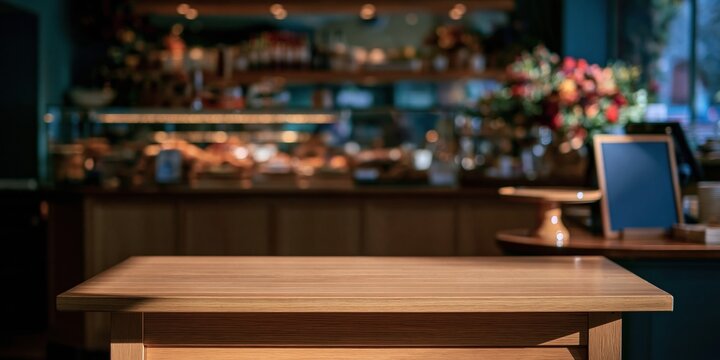 Empty wooden table surface with a smooth finish in a cozy cafe setting, featuring copy space for product mockup and display