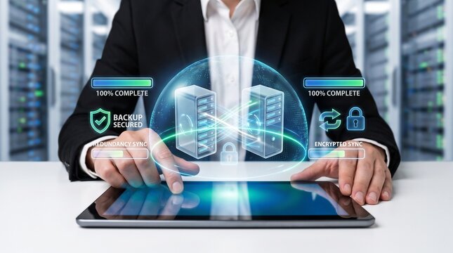cloud backup and data synchronization concept. business professional managing secure server replication, encrypted storage and recovery status on a digital dashboard.