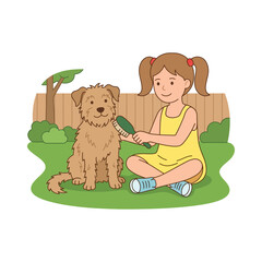 A smiling little girl brushing her cute fluffy dog in the backyard garden vector illustration