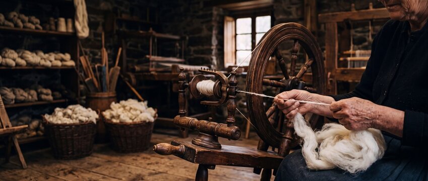Elderly woman crafting handmade wool yarn using traditional antique spinning wheel inside rustic workshop filled with natural fiber piles